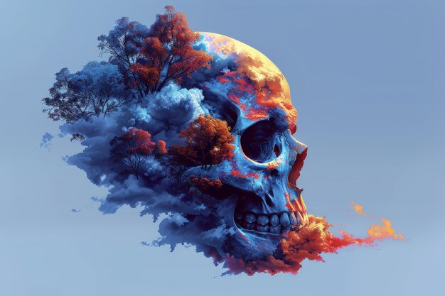 Photo surreal image of a colorful smoke skull blending elements of life and death set against a light blue