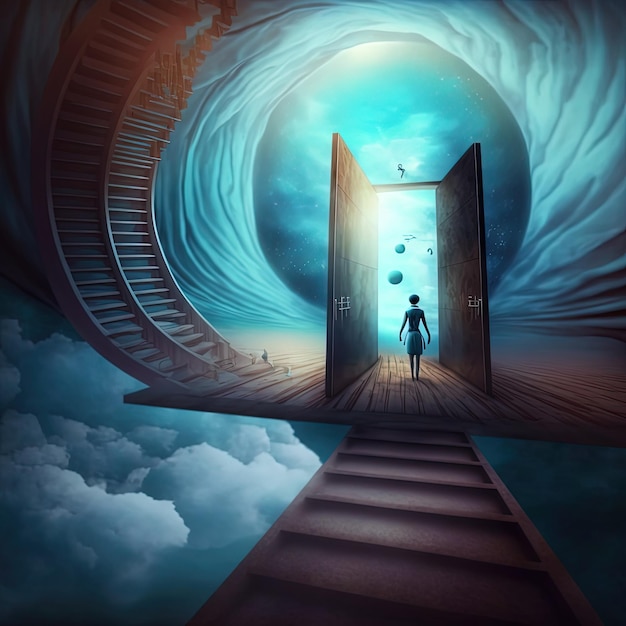 Surreal image of a dream inside a dream with open door to another dimension