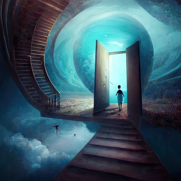 Surreal image of a dream inside a dream with open door to another dimension