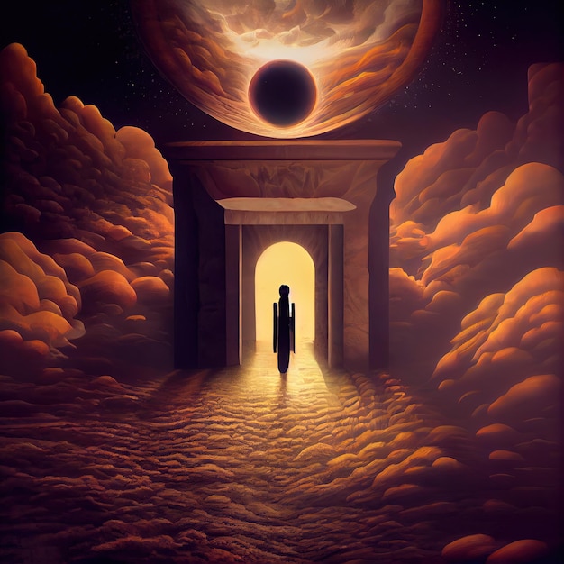 Surreal image of a dream inside a dream with open door to another dimension