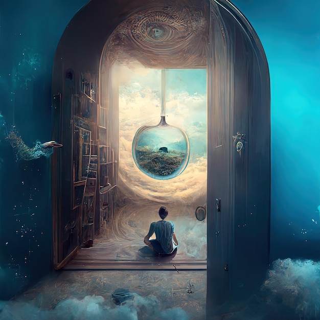 Surreal image of a dream inside a dream with open door to another dimension