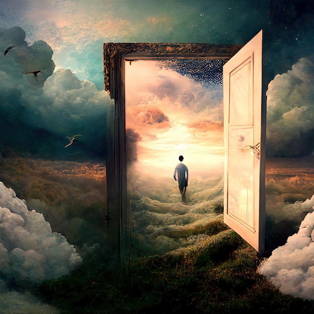 Surreal image of a dream inside a dream with open door to another dimension