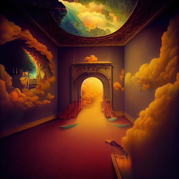 Surreal image of a dream inside a dream with open door to another dimension