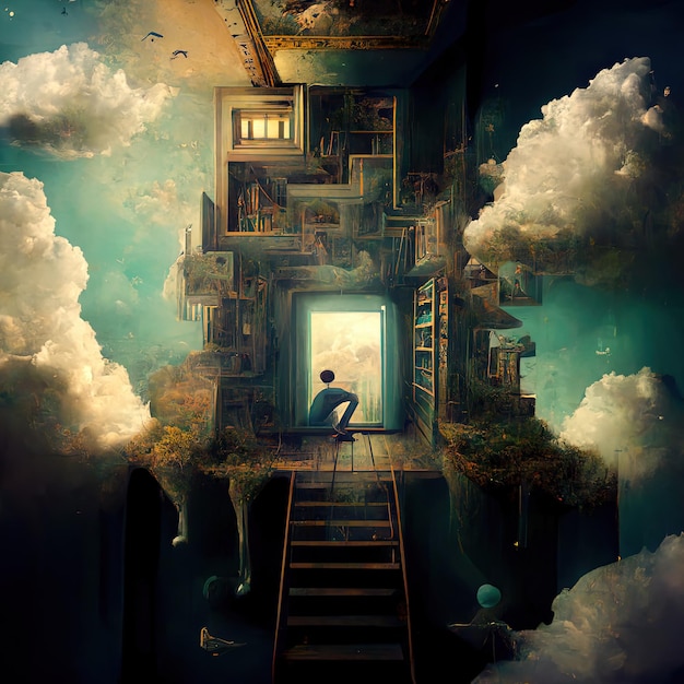 Surreal image of a dream inside a dream with open door to another dimension