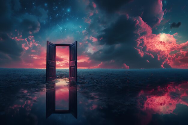 A surreal image of an open door in the center of a tranquil lake leading to a dreamy