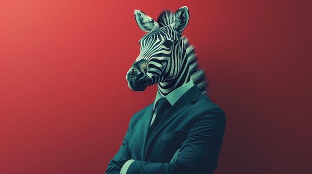 Surreal image of a zebraheaded human dressed in a suit standing against a bold red background representing creativity and uniqueness