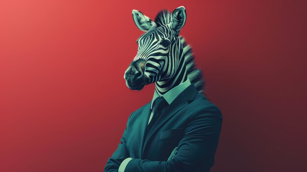 Photo surreal image of a zebraheaded human dressed in a suit standing against a bold red background representing creativity and uniqueness