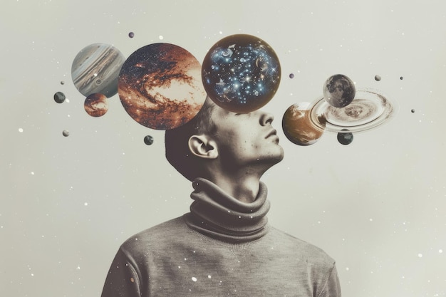 Surreal imagery of a man with planetary concepts around his head