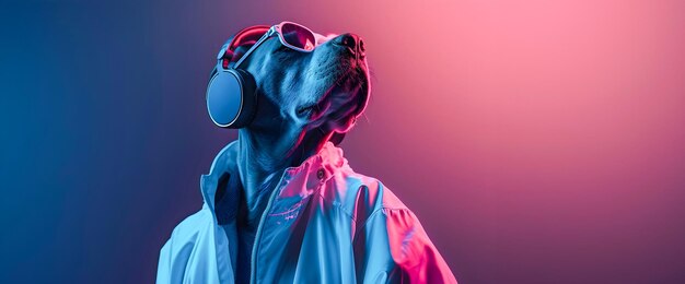 Surreal and imaginative digital depicting a fantasy character with a dog s head wearing sunglasses and headphones listening to music in a vibrant neon infused background with ample copyspace