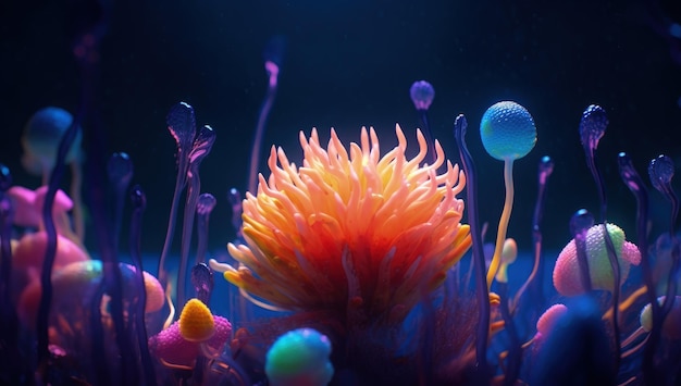 Surreal installations of an underwater neon colorful flower