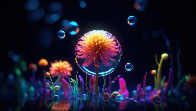 Surreal installations of an underwater neon colorful flower