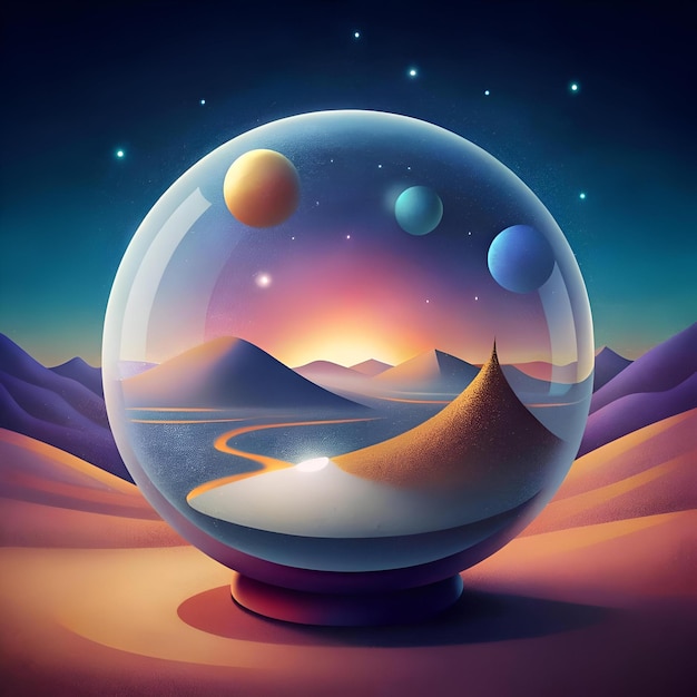 A surreal landscape captured within a glass sphere