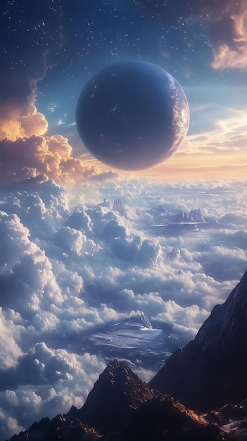 A surreal landscape featuring clouds and a distant planet in a vibrant sky