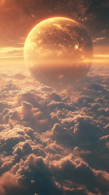 A surreal landscape featuring a large planet hovering above a sea of clouds at sunset