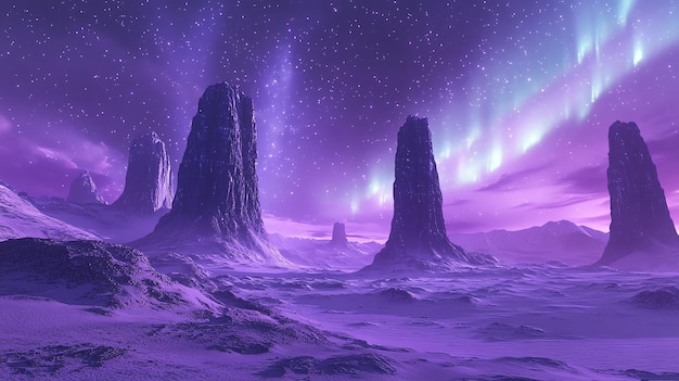 Photo a surreal landscape featuring towering rock formations under a vibrant aurora sky evoking a sense of otherworldly beauty