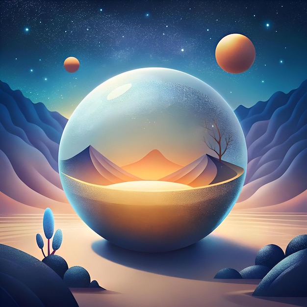 A surreal landscape under a starry sky with a glowing sphere encapsulating a desert scene