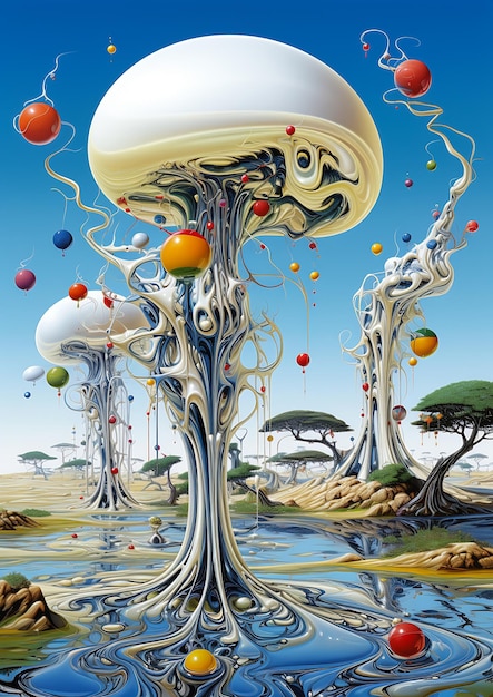 surreal landscape tree balloons fractals swirling outward alien ribbed white fruit mushroom