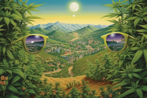 A surreal landscape unfolds where towering marijuana plants bloom with mind altering buds and insects don sunglasses and groove to invisible beats illustration generative ai