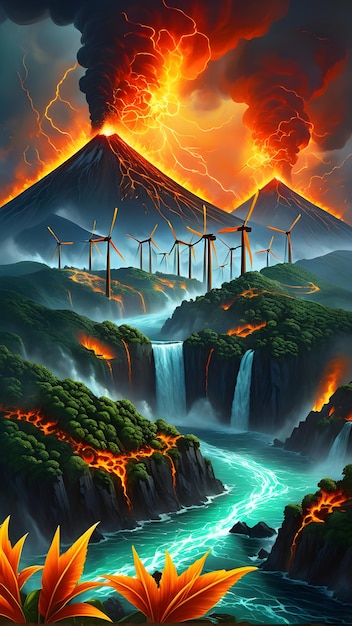 a surreal landscape where two erupting volcanoes spew molten lava and smoke against a fiery sky