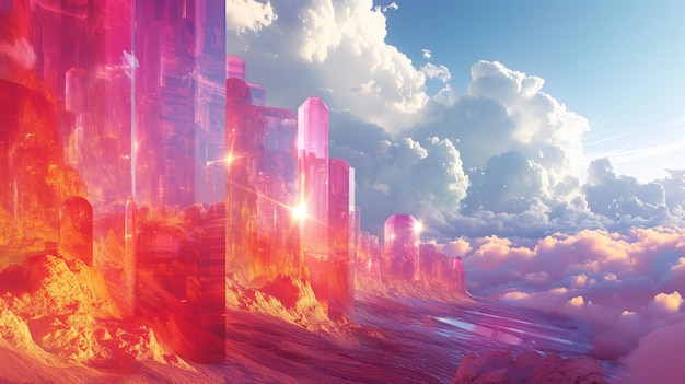 Surreal landscape with crystalline formations and cloudscape