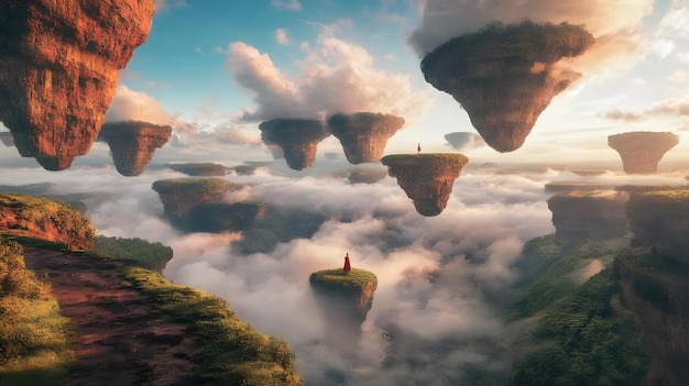 Photo a surreal landscape with floating islands and rainbow rivers