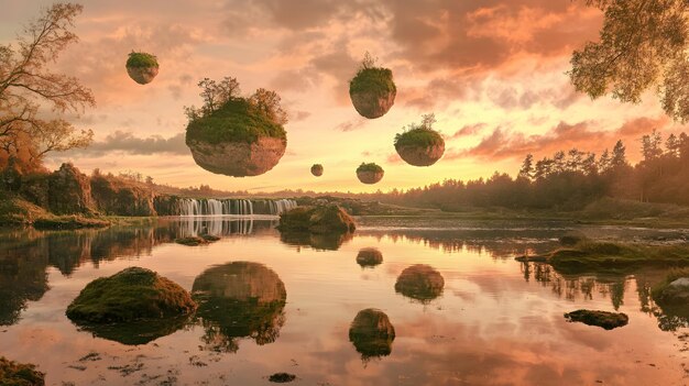 Photo surreal landscape with floating islands and waterfalls in a dreamy sunset