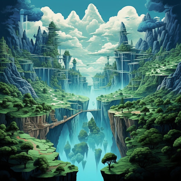 A surreal landscape with floating mountains and an inverted waterfall image two