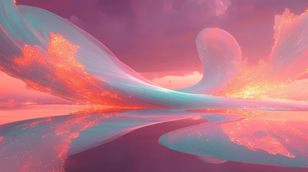 A surreal landscape with flowing forms and vibrant colors reflecting on water