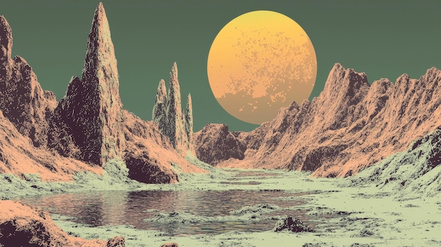 Surreal Landscape with a Giant Yellow Moon