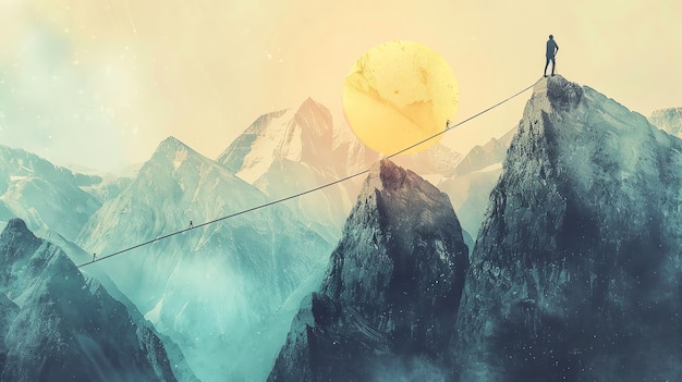 Photo a surreal landscape with a man walking on a tightrope between mountains