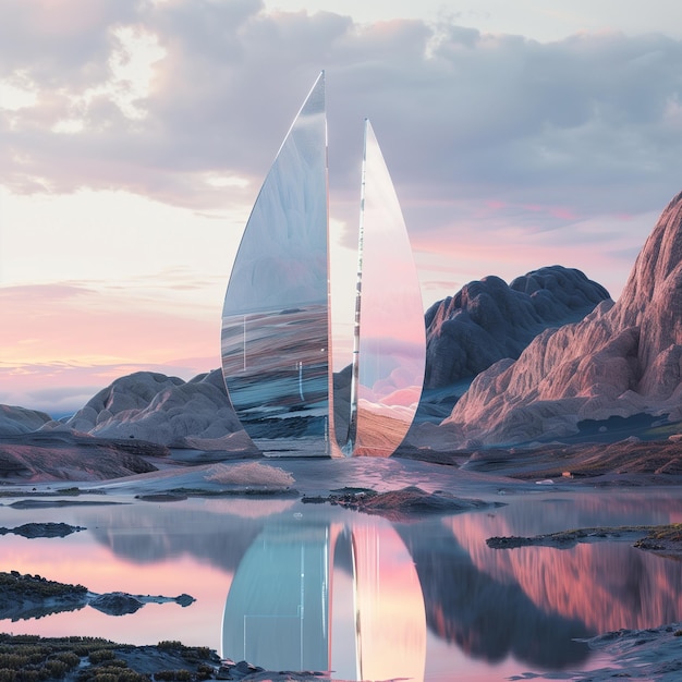 Surreal landscape with mirror geometric shapes on water and mountain during sunrise time