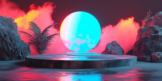 Photo surreal landscape with neon moon and red sky 3d stage design