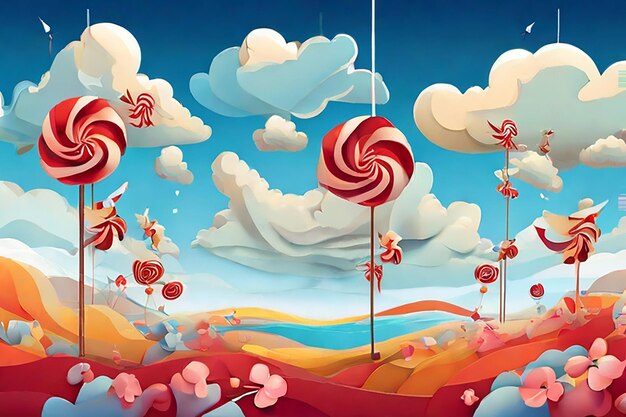 Surreal landscape with pinwheels and hanging clouds