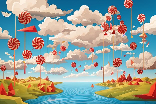 Surreal landscape with pinwheels and hanging clouds