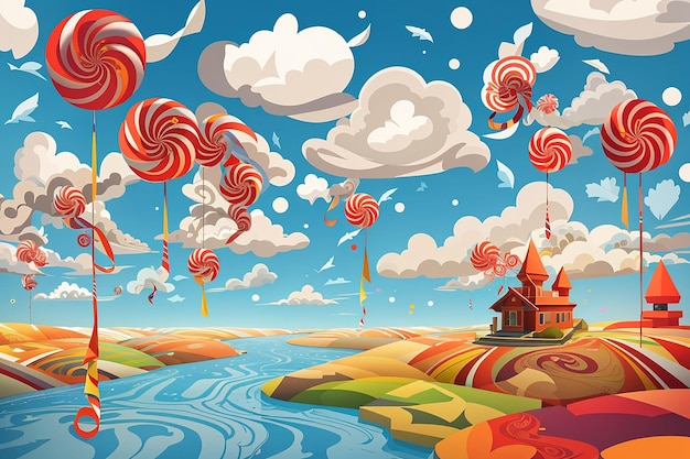 Surreal landscape with pinwheels and hanging clouds