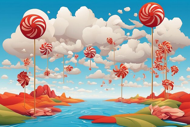 Surreal landscape with pinwheels and hanging clouds