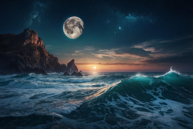 Surreal landscape with sea waves and moon fantasy night seascape