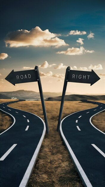 Photo surreal landscape with a split road and signpost arrows showing two different courses left and righ