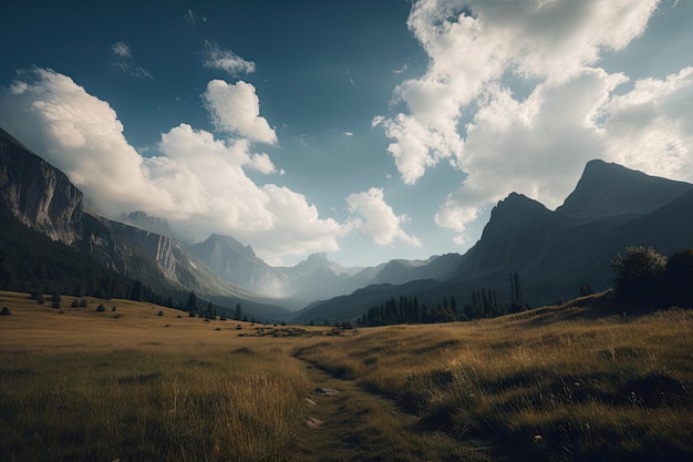 A surreal landscape with a towering mountain range and rolling clouds in the sky