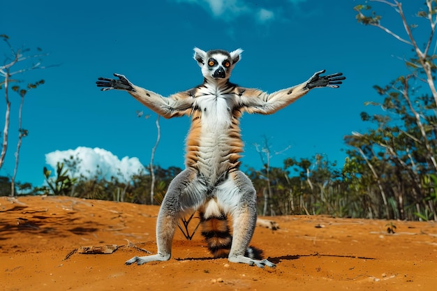 Surreal Lemur Sunbathing in a Desert Landscape Unique Wildlife Concept Vibrant Colors and Creative Imagery Generative AI