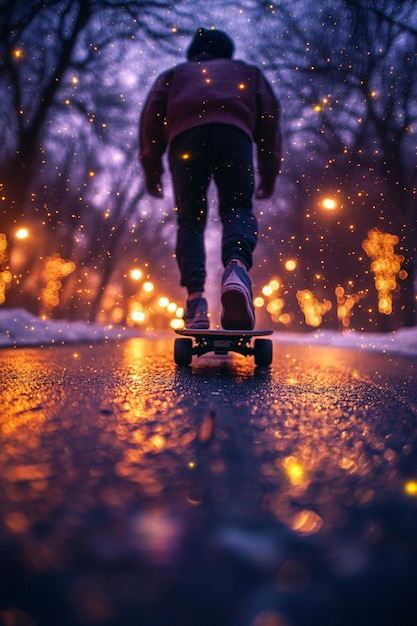 A surreal longboarding adventure down a glowing road with luminescent plants