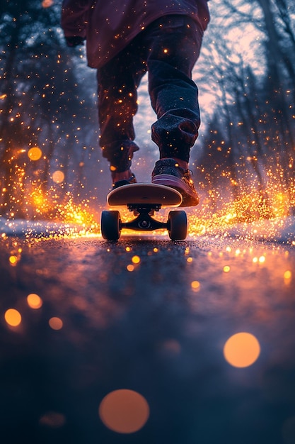 A surreal longboarding adventure down a glowing road with luminescent plants