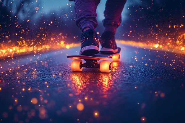 Photo a surreal longboarding adventure down a glowing road with luminescent plants