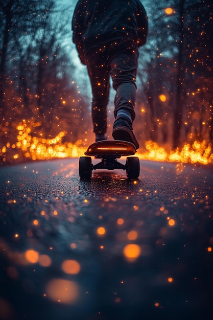 A surreal longboarding adventure down a glowing road with luminescent plants