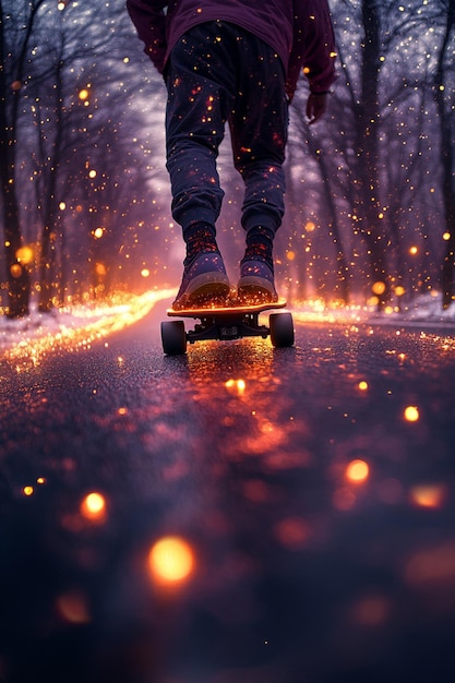 A surreal longboarding adventure down a glowing road with luminescent plants