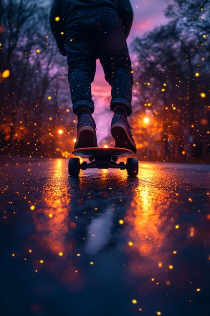 A surreal longboarding adventure down a glowing road with luminescent plants