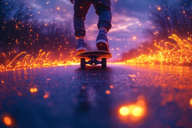 Photo a surreal longboarding adventure down a glowing road with luminescent plants