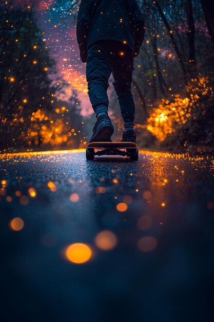 Photo a surreal longboarding adventure down a glowing road with luminescent plants