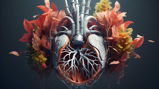 Surreal Mechanical Heart with Organic Growth A Digital Art Illustration