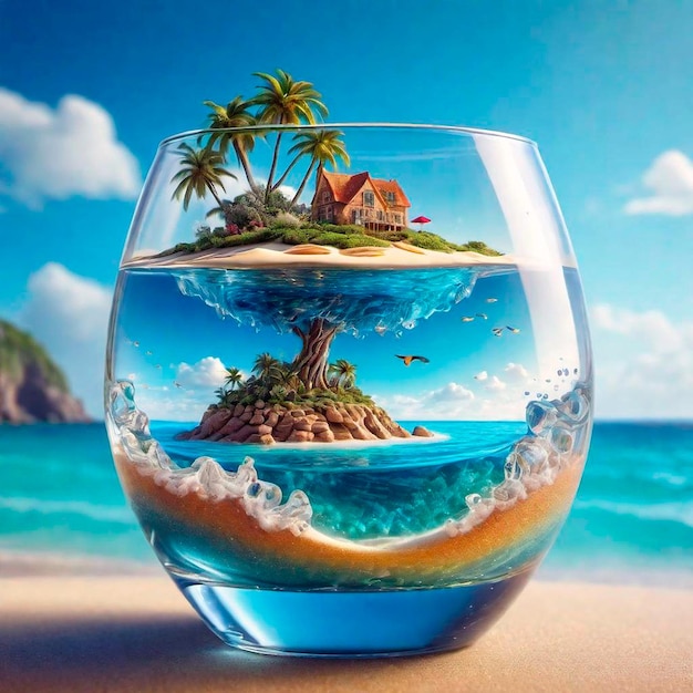 Surreal Miniature A Tropical Island in a Glass Against a Beach Backdrop